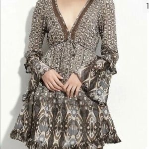 Sanctuary mini bohemian dress brown & blue  V neck lace details wide sle…